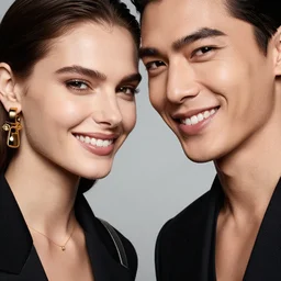 close up of a two fashion models smiling, official versace editorial, highly detailed