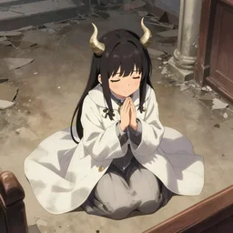 cute japanese girl with small horns, dressed in an old white coat, praying on the floor of a destroyed church, with an elegant smile, view from above, detailed artwork by Yoji Shinkawa, trending on artstation