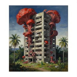 surrealist painting of a brutalist building turning into meat red fungus, post apocalyptic, tropical landscape, painted by beksinski