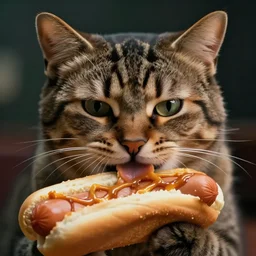 cinematic shot epic portrait cat eating a hotdog, hyper realistic, mood lighting, fantasy, detailed face, highly detailed, super realistic, perfect lighting
