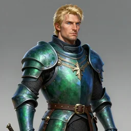 concept art, 50 years old men, blonde, blue eyes, green-blue medieval leather armor, no helmet, high detail, digital art, realistic