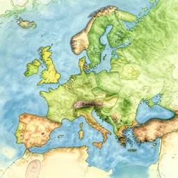 aerial map of a realm with distinct biomes, drawing by moebius and thomas kinkade