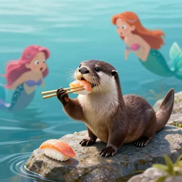 an otter holding chopsticks eating sushi sat on a rock by the sea with a drooling mermaid swimming nearby, super realistic, fantasy,