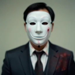 blurry picture of a man wearing a bloody suit and a cheap plastic anonymous mask, 4k, film grain