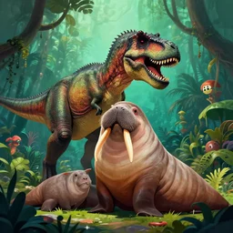 a tyrannosaurus rex and a walrus hugging in a space jungle