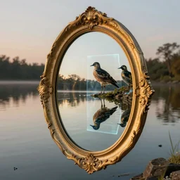 mirror on a lake, toucain inside mirror, oval mirror, cinematic, filmic, wildlife photography, x - ray, ray tracing reflections, insanely detailed and intricate, hypermaximalist, elegant, ornate, hyper realistic, super detailed, golden hour
