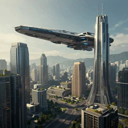 cyberpunk, concept art, octane render, detailed, trending on artstation, realistic, futuristic, buildings, city, flying spaceship,
