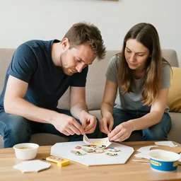a man whose head is rotated by 9 0 degrees sits on a sofa next to his wife. they are trying to construct a flat packed kindergarten that they bought from ikea last week. they are beginning to crave clam chowder