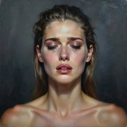 epic painting drawing, full portrait of a beautiful supermodel crying, dark smoky background, photography by amy leibowitz, wlop, jeremy lipkin, beeple, intricate, symmetrical front portrait, artgerm