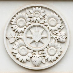 beautiful decorative classical ornament fibonacci rhythms, carved in stone, sunflowers, strawberries, four leaf clover, rose petals, leaves, stems, highly detailed etching, rendered in octane, vibrant colors