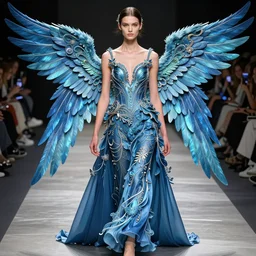 full shot of beautiful model on runway wearing a blue dress with wings, sea form, costume design, octane render, unreal engine, illustration, cinematic, product - view, cinecolor, 3 - dimensional, insanely detailed and intricate, hypermaximalist, elegant, ornate, hyper realistic, super detailed, render by maya, design by issey miyake and