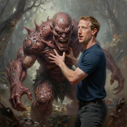 mark zuckerberg clawing away his own skin to reveal the monster underneath, an angry artstation painting