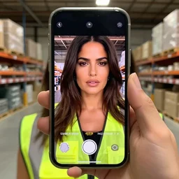 photo, close up, salma hayek in a hi vis vest, in warehouse, android cameraphone, snapchat story screenshot, 2 6 mm,