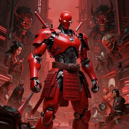 only with red, a red cyborg samurai, tokio futuristic in background, some evil yokai, in the style of beksinski, parts by edward hopper, parts by rodcenko, parts by yue minjun, intricate and epic composition, red by caravaggio, insanely quality, highly detailed, masterpiece, red light, artstation, 4 k