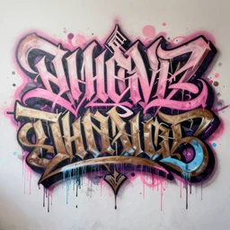 matte painting extreme offset 3 d calligraphy graffiti mural dripping paint wall extreme explosive maximalism by atey ghailan, by greg rutkowski, by greg tocchini, by james gilliard, by joe fenton, pink, brown, black and light blue color scheme, octane render
