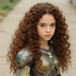 young mysterious girl with long curly hazelnut hair, perfectly proportioned face, brown eyes, strong jawline, natural lighting, path traced, highly detailed, high quality, cartoon, digital painting, by new haicheng and studio ghibli and alphonse mucha wearing an alien armor designed by h. r. giger