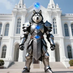 white building barrack siberian anthro husky warrior with crusade armor and blue torus cyberpunk, cinematic light, cinematic epic ,octane 4k, 8k, detailed, ultra realistic, anime., centered