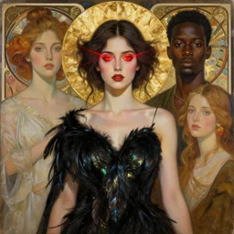 portrait painting of a stunning woman with red lazer eyes, artstation, mymodernmet, by brad kunkle, by amir ershadi, by ben enwonwu, by alphonse mucha, by sangsoo jeong, by soey milk, gold foil aureola, black dress of iridescent feathers, divine, saint, mixed media
