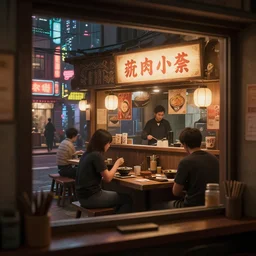 seen through a window!! a small cozy ramen restaurant in a busy thriving cyberpunk street at night, trending on cgsociety, unreal engine, 4 k wallpaper