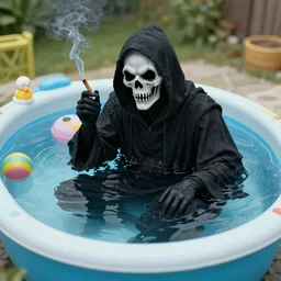a grim reaper smoking weed in a kiddie pool, very detailed, perfect composition, perfect lighting, 4 k, artgerm