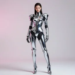 full body portrait of hoyuen jung wearing chrome armor, photo by greg rutkowski, high fashion, androgyn beauty, intricate detail, elegance, sharp shapes, soft lighting, vibrant colors, masterpiece