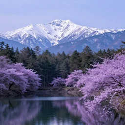 forest and lakes with purple Sakura flowers with snow mountains at the background, masterpiece