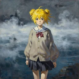 baroque oil painting of anime key visual environment concept art of wanderer above the sea of fog 1 8 1 8 but with anime girl with cardigan school outfit, messy yellow twin bun hair, grimdark fantasy, acrylic painting, trending on pixiv fanbox, palette knife and brush strokes, style of makoto shinkai jamie wyeth james gilleard edward hopper greg rutkowski studio ghibli genshin impact