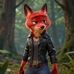 upper body shot of a red anthropomorphic female wolf, wearing a black leather jacket and denim pants, octane render, detailed, brawl stars, unreal engine 5,, cinematic, artstation, in the style of zootopia, in a forest