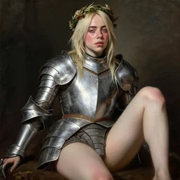 blushing, sweating, seductive billie eilish, blonde hair, wearing silver medieval armour, posing seductive, looking seductively, ornate wreath, legs, oil painting by titian, hard focus