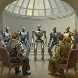 a meeting of the robotic leaders in the capital dome, ( ( ( grant wood ) ) ), pj crook, ( ( ( edward hopper ) ) ), oil on canvas