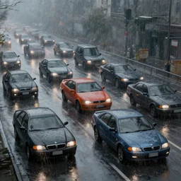a picture of a bunch of cars in the rain, a digital painting by scott listfield, cgsociety, sots art, apocalypse art, dystopian art, concept art