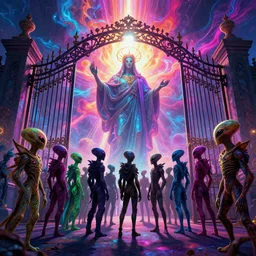[ palate ] [ vibrant colors ] alien souls congregating and waiting in line at a giant iron gate, vibrant neon nebulous clouds, radiant light rays, photorealistic illustration, intricate and fine details, volumetric lighting, artstation, god figure at the gate - w 1 0 2 4