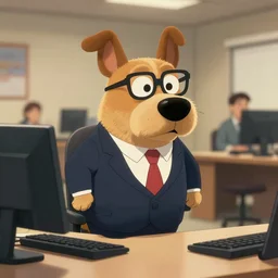 a crazy dog in a suit going to work, artstation, cinematic, establishing shot