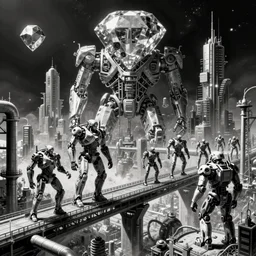giant dimantled disassembled cyborgs on bridges and pipes, huge cybernetic mega city in space, black and white, by nihei tsutomu