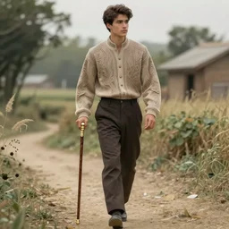 a handsome young man, holding a adorned cane. walking in a rural area. intricate, elegant, highly detailed, digital painting, artstation, concept art, sharp focus, illustration, by justin gerard and artgerm, 8 k