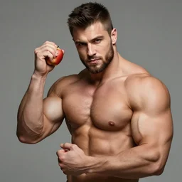 portrait of handsome chad with gigantic muscles, squeezing an apple in his hand, art by ilya kuvshinov