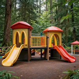 photograph of a mcdonalds playplace inside a pacific northwest forest