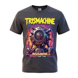 mockup of a band tshirt, bandname is tripmachine, tourname is invasion, realistic digital art, 3 d render of a huge futuristic steampunk generator, 8 k, fluorescent colors, halluzinogenic, multicolored, exaggerated detailed, unreal engine