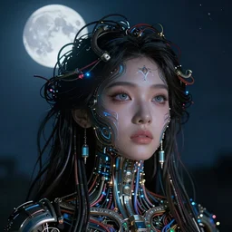 woman integrating with technology, full face under a Full Moon, detailed intricate ornate cables connected to head, luscious thick hair, big open electric eyes, luxurious detailed abundent wiring and implants, sci-fi, neon, 8k ultra realistic night time photography of a mystical cosmic night, highly detailed, Rene Lalique and Eddie Mendoza