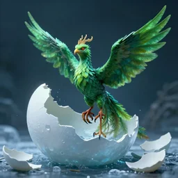 little green poisonous phoenix climbs out of a broken big frozen iced egg, peter mohrbacher style, ray tracing, cinematic, digital art, realistic,