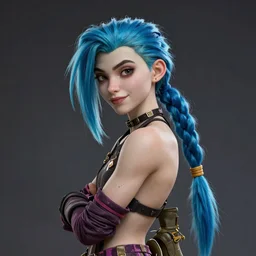 a full shot of CGI Jinx, blue well presented ponytail hair, beautiful well rounded face, not wearing many clothes, wearing military shoes, slend body, from Arcane, from League of Legends, digital art, exquisite detail, polished, post-processing, photo-shopped, low angle, octane render, unreal engine, hyper realism, cinematic, trending on ArtStation, 8k, High contrast, by Roger Magrini