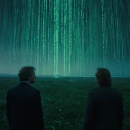an ultra realistic cinematic landscape of a serene vast landscape, matrix code, detailed, deep focus, movie still, dramatic lighting, ray tracing, by werner herzog and ryoji ikeda