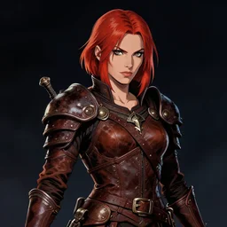 portrait of strong female rogue, beautiful! coherent! dungeons and dragons character, by brian froud, strong line, night color, leather armor, short red hair, high contrast