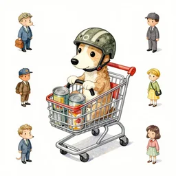 cute and funny, greyhound driving a shopping trolley, wearing a helmet riding in a tiny shopping trolley with food cans, ratfink style by ed roth, centered award winning watercolor pen illustration, isometric illustration by chihiro iwasaki, the artwork of r. crumb and his cheap suit, cult - classic - comic, edited by range murata, tiny details by artgerm and watercolor girl, symmetrically isometrically centered and in focus