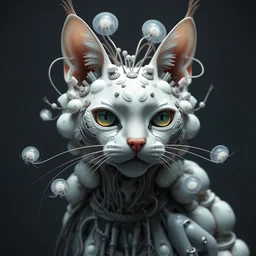 baroque, cat by iris van herpen, inflateble shapes, wires, tubes, veins, jellyfish, white biomechanical details, epic bionic cyborg cat implants, masterpiece, intricate, biopunk, vogue, highly detailed, artstation, concept art, cyberpunk, octane render