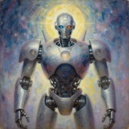 holy saint aura battle robot award winning close - up portrait symmetry faded tetrachromacy colors astral background tim hildebrandt wayne barlowe bruce pennington donato giancola larry elmore masterpiece trending on artstation cinematic composition beautiful lighting hyper detailed!!! 8 k oil on canvas