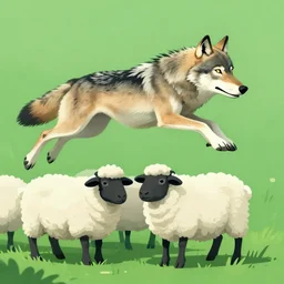 wolf leaping over a sheep, green tone, digital art