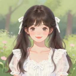a beautiful digital illustration portrait of a pretty russian girl, happy kawaii, hestia, with bangs and twintails, dark hair with bow ties, symetrical, portrait, wearing a white lace dress. in a garden, artgerm, by ilya kuvshinov artgerm pastel colors