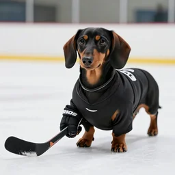 dachshund wearing hockey gear