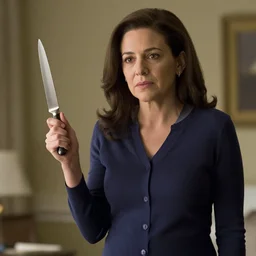 Movie still of Sheryl Sandberg holding a knife in The Doomsday Machine, directed by Steven Spielberg
